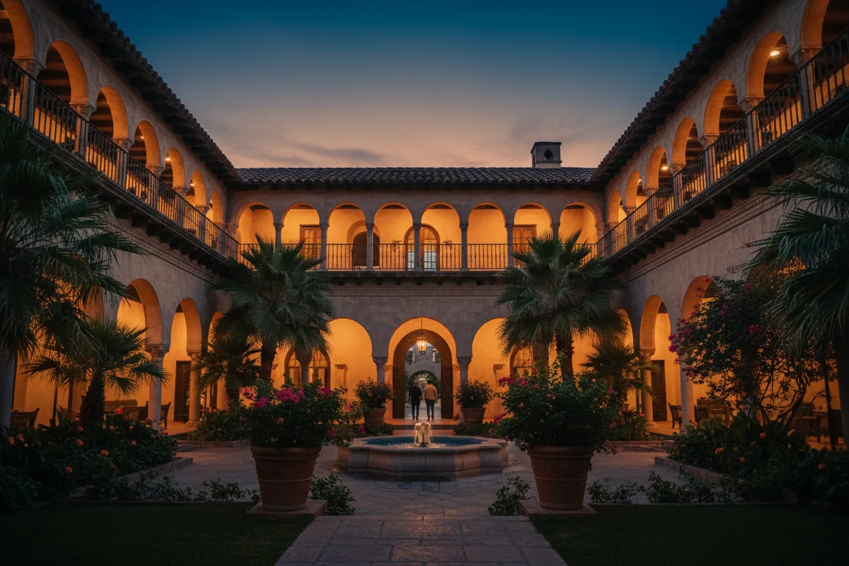 The illuminated courtyard of a luxury Spanish-style building in McAllen at twilight.