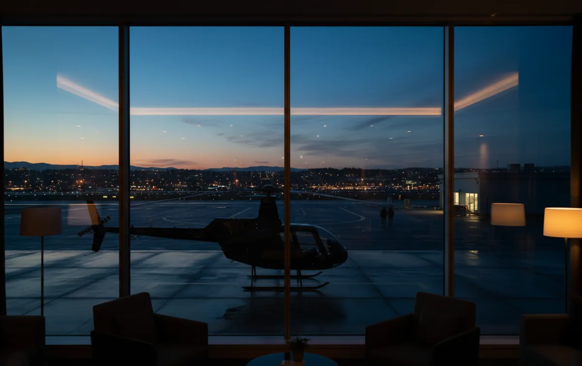 A helicopter on an airport tarmac at dusk, viewed from inside a modern lounge.
