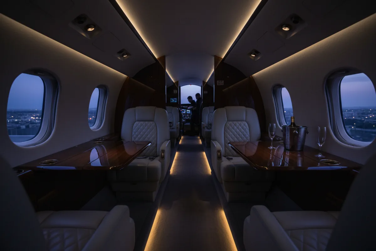 The empty, luxurious interior cabin of a private jet with plush leather seats.