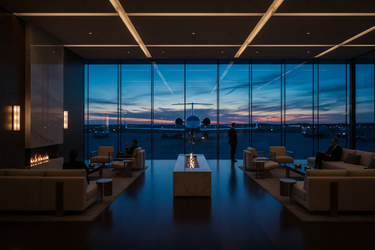A modern private airport lounge at dusk with a jet visible on the tarmac outside.