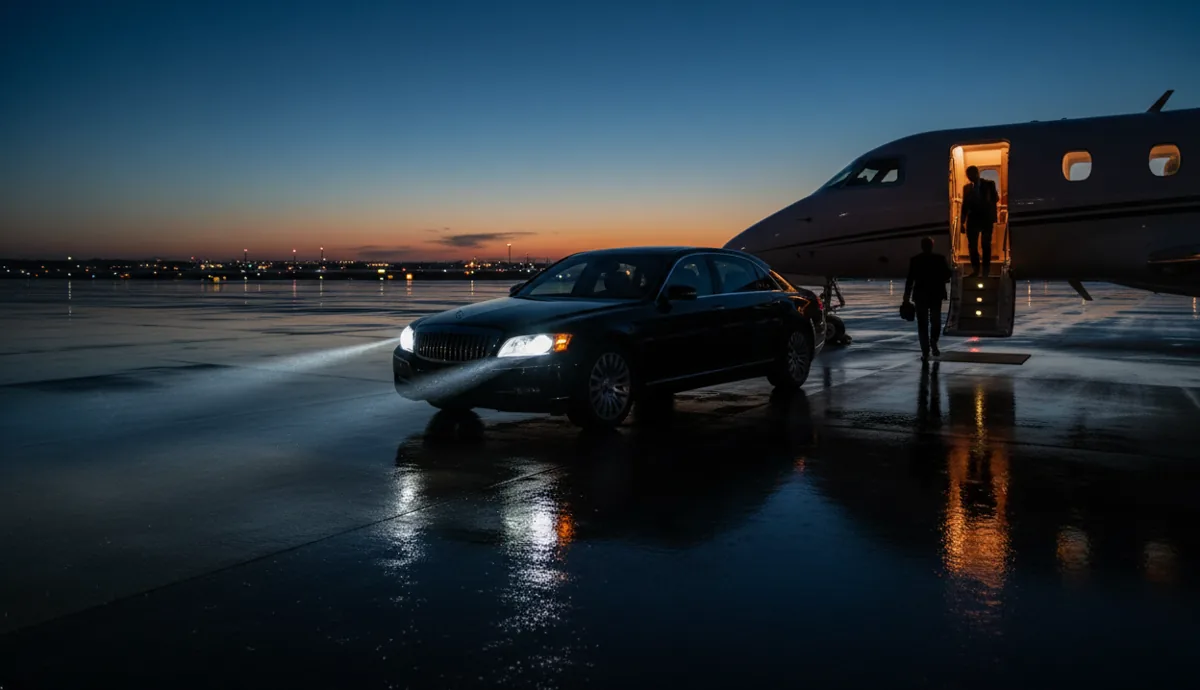 A luxury car waiting next to a private jet on the tarmac at night.