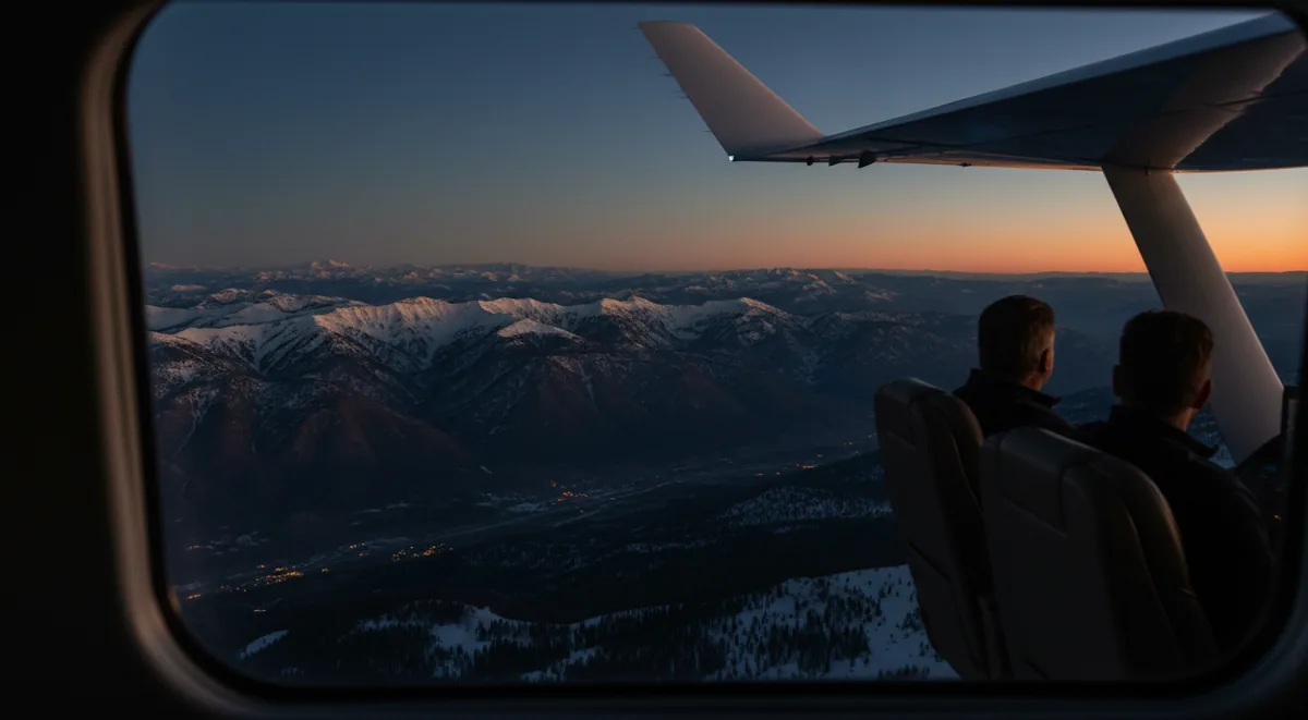 A view of a mountain range at twilight from a private jet window.