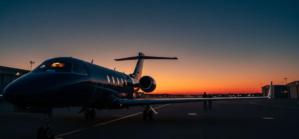 A private jet parked on an empty airfield tarmac at sunset, with golden light reflecting off its surface.