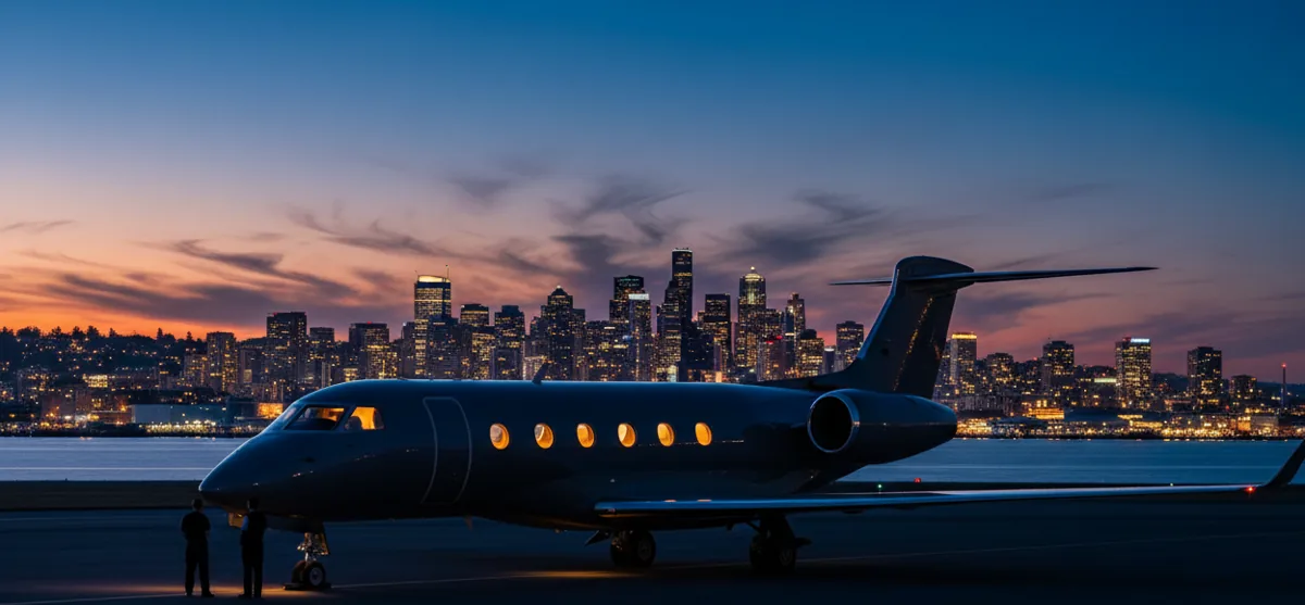 A private jet on a tarmac with a glowing city skyline in the background at dusk.