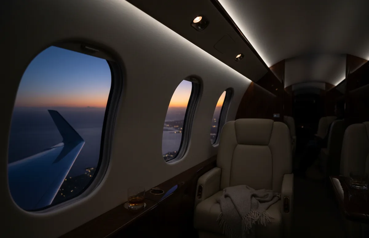 View from a luxury private jet window at twilight, showing the wing against a dark blue sky.