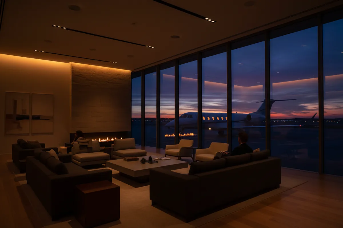 A modern private airport lounge at dusk with a view of a jet on the tarmac outside.