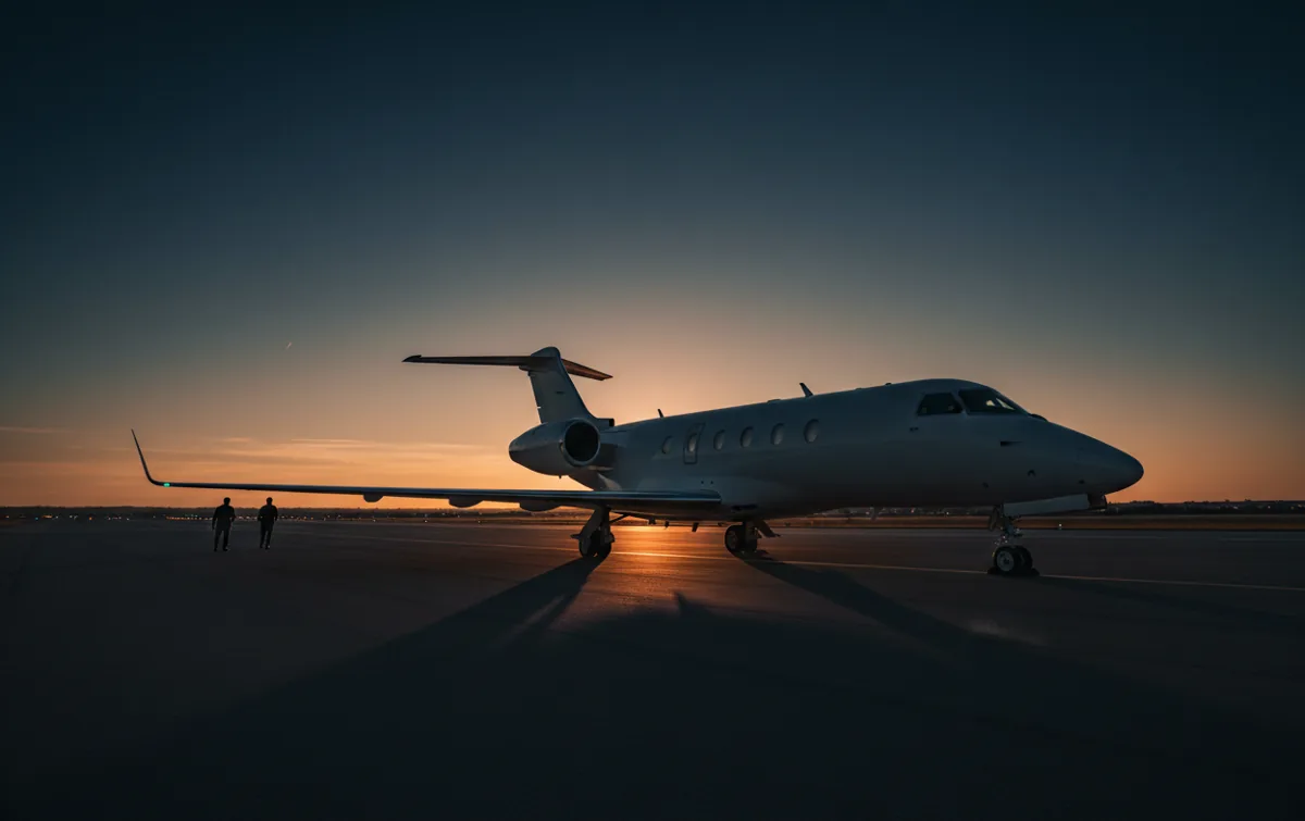 A white private jet sits on an airport tarmac bathed in the warm light of sunrise.
