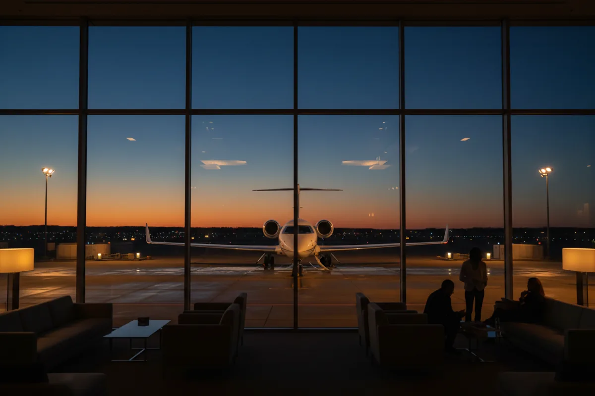 A private jet on the tarmac at twilight, viewed from inside a modern airport lounge.