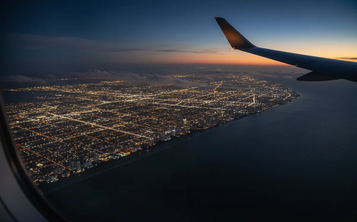 Aerial view of a glowing coastal city and shoreline at night from a private jet window.