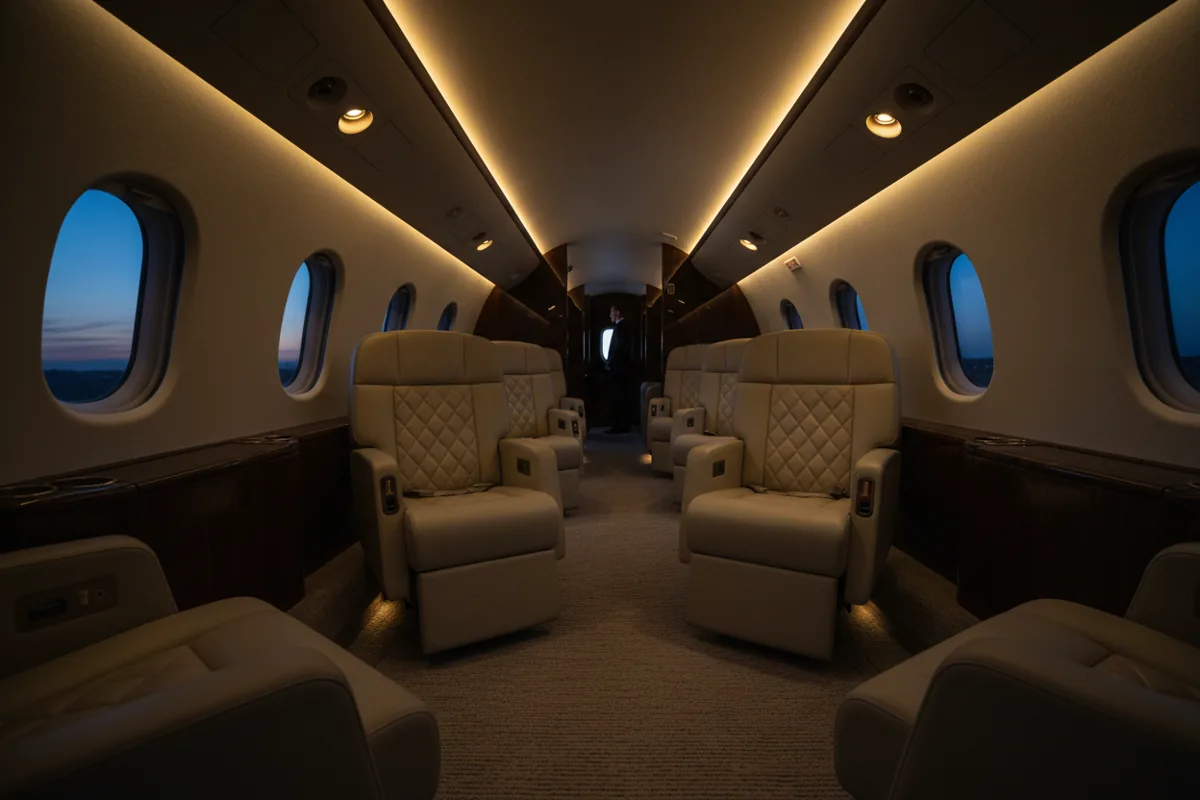 The luxurious and empty interior of a private jet cabin with warm ambient lighting at night.
