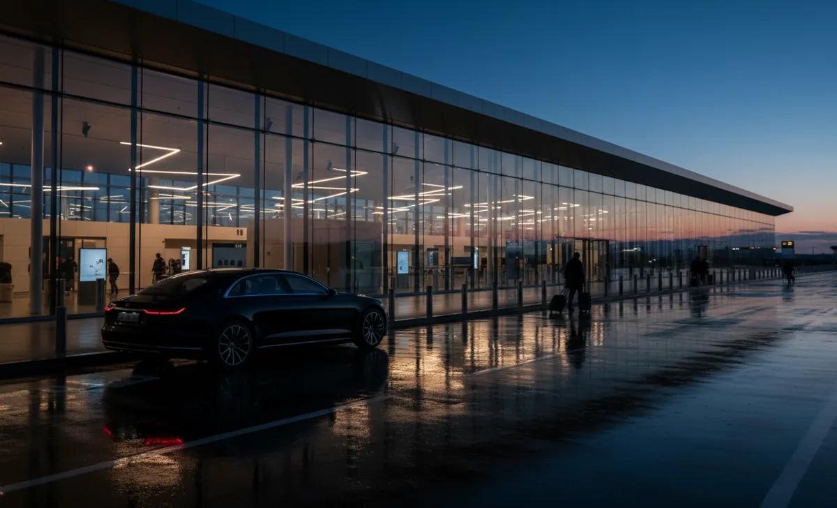 A black luxury car waits outside a modern airport terminal at dusk.