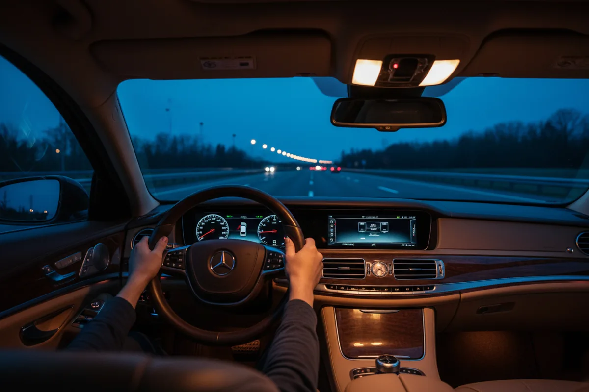 View from inside a car driving on a highway at night.