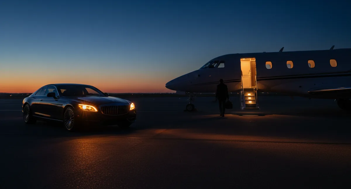 A passenger walks from a luxury car to a private jet on the tarmac at dusk.
