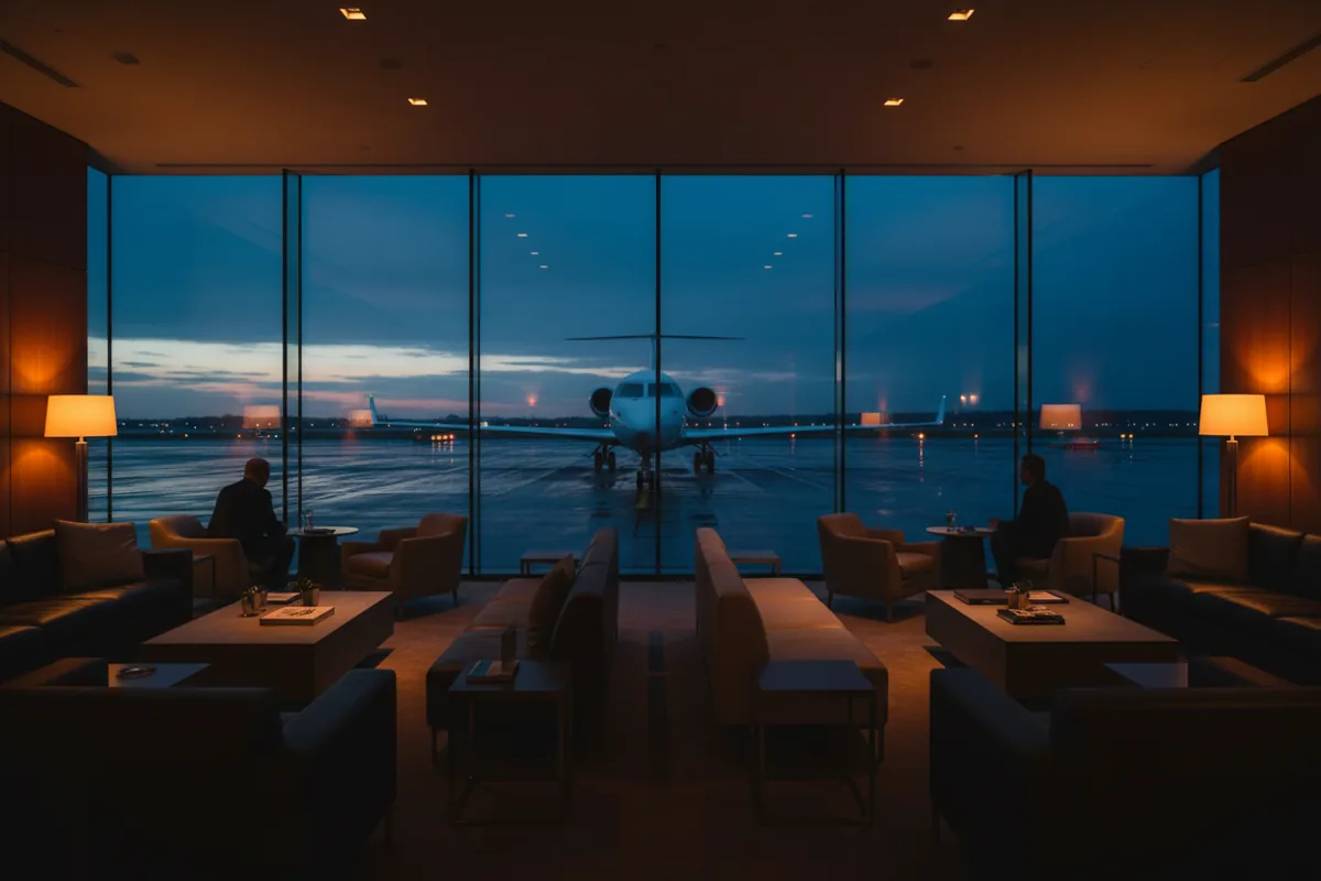 A modern private airport lounge with large windows overlooking the airfield at twilight.