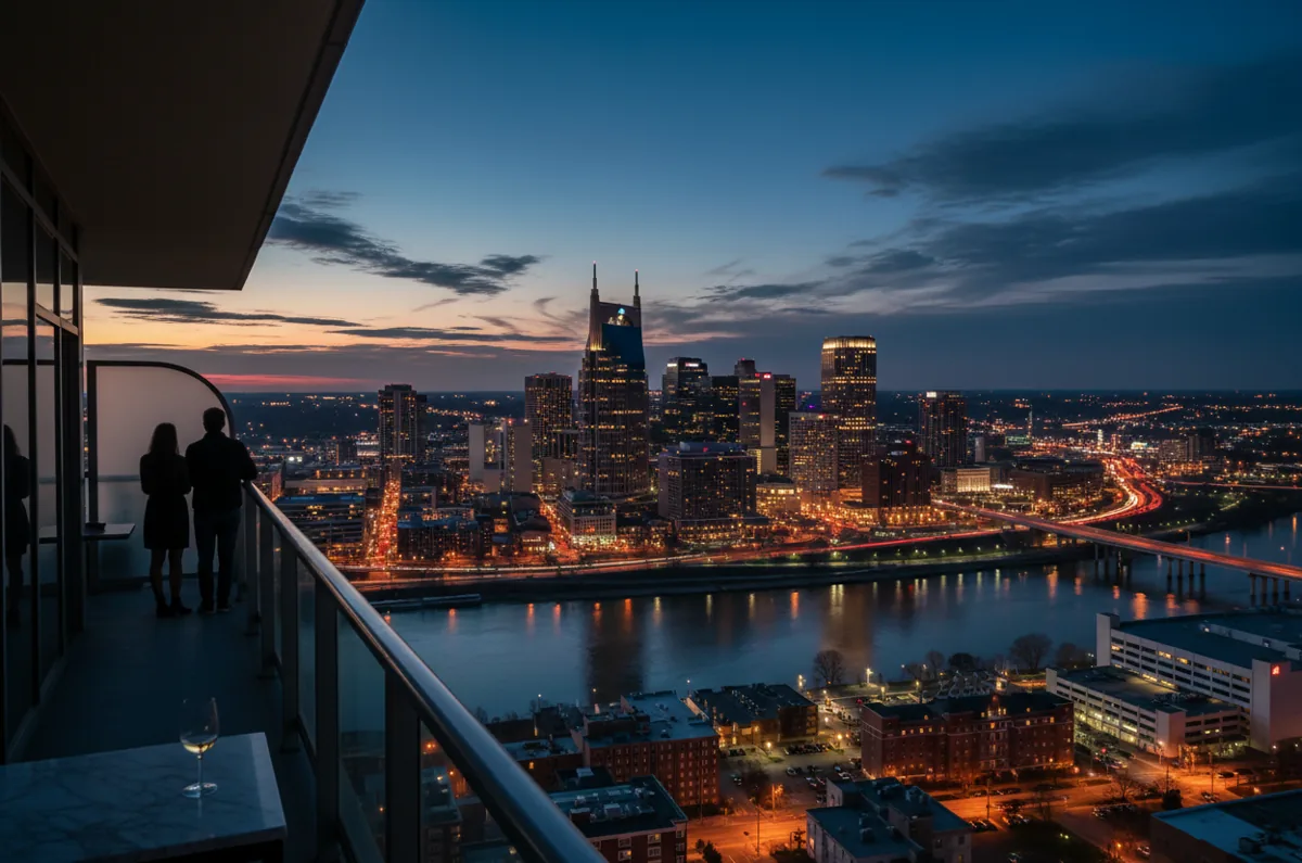 The Nashville city skyline at dusk, with glowing city lights under a deep blue sky.