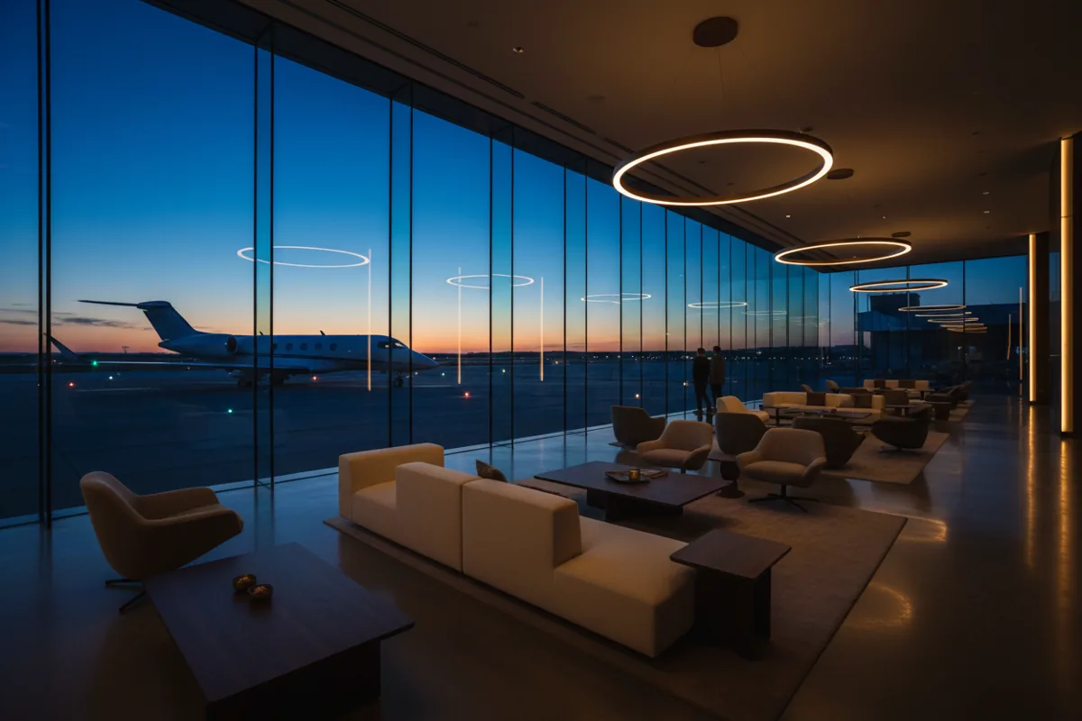 A modern, empty airport lounge at night with a view of a private jet on the airfield.