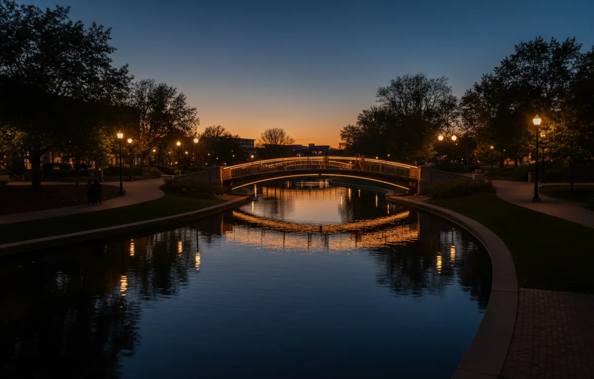 The illuminated Naperville Riverwalk with its bridges reflecting on the water at dusk.
