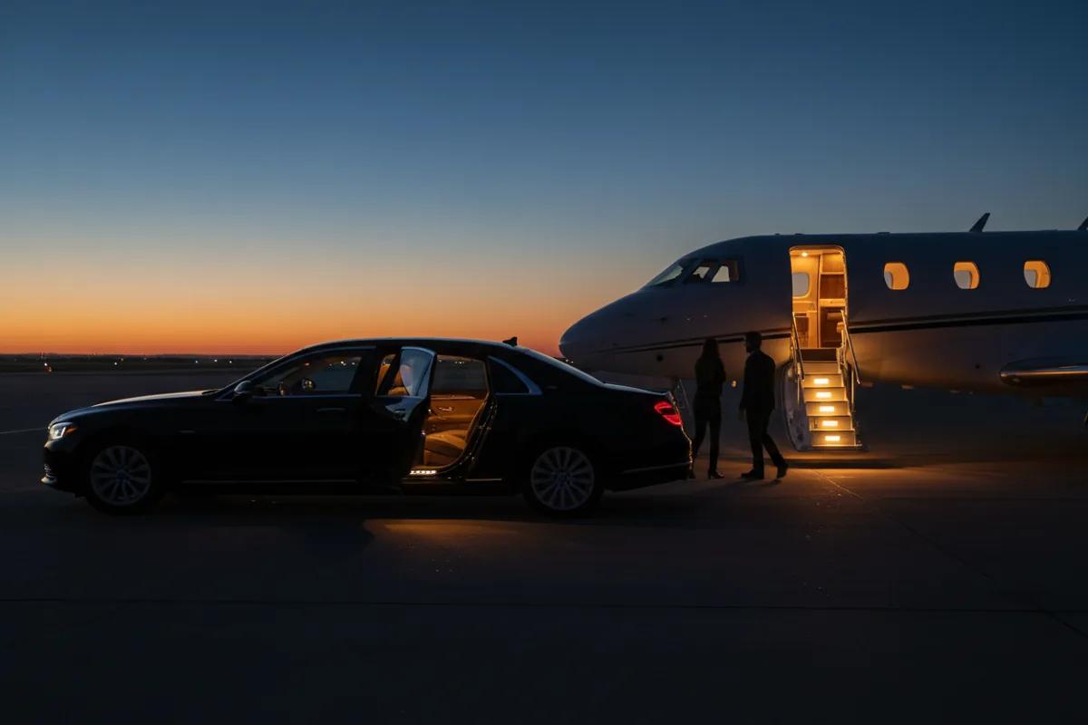 A luxury car with an open door parked beside the stairs of a private jet on the tarmac at dusk.