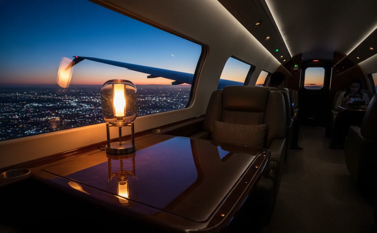 View from inside a luxurious private jet cabin looking out the window at the wing and city lights at night.