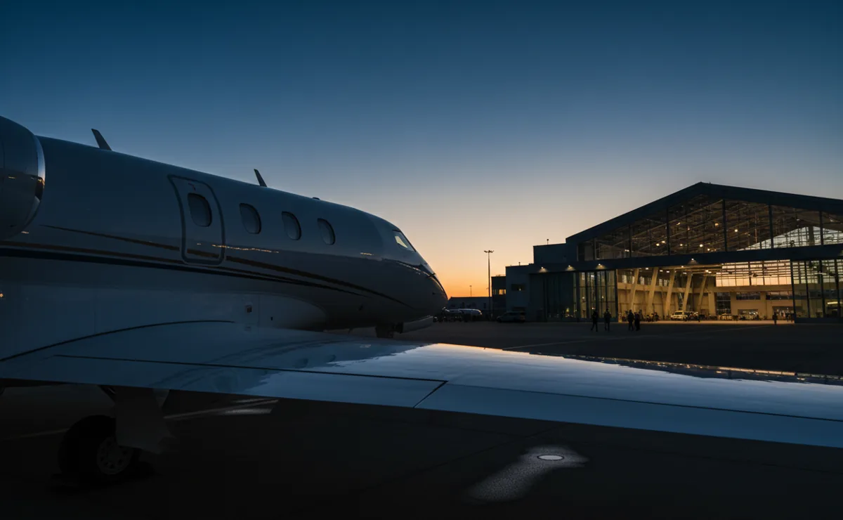 A white private jet parked on a tarmac at sunrise, ready for a charter flight.