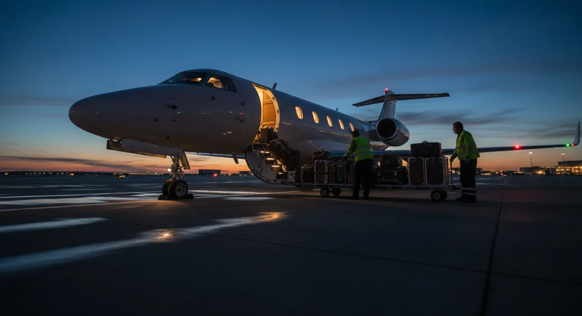 Ground crew loading luggage into a private jet on the tarmac in the evening.