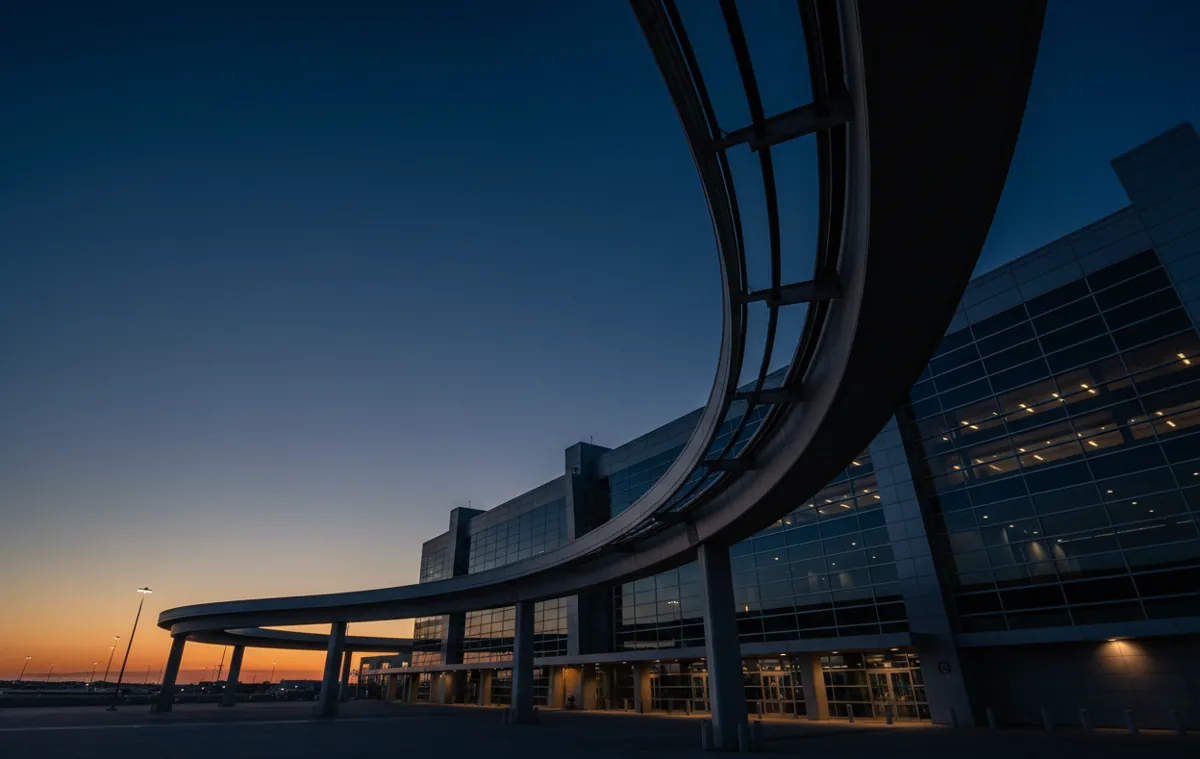 The elevated AirTrain track at JFK Airport curves against a clear blue sky.