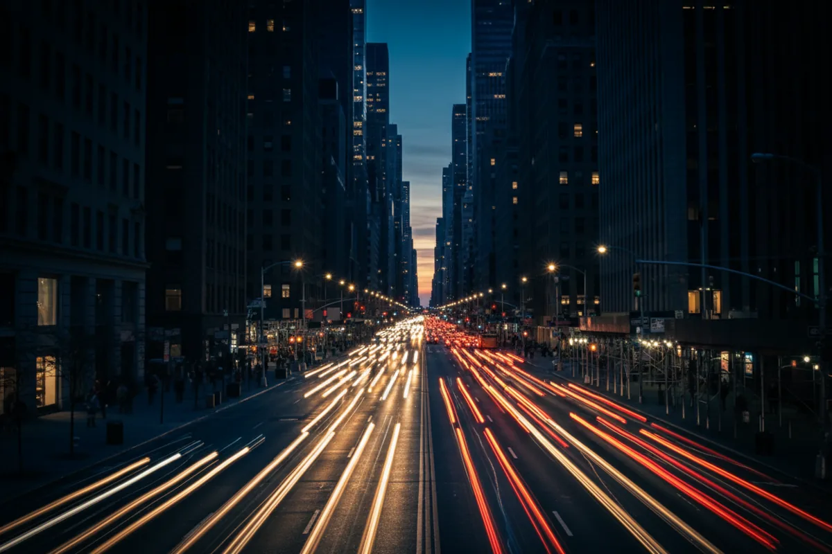 Long exposure photo of a busy New York City street at night, with car lights creating red and white streaks.