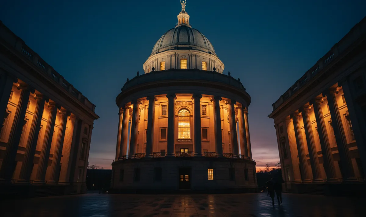A grand university library with columns and a dome, illuminated with warm lights against a dark blue evening sky.