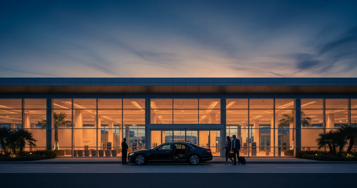 A modern airport terminal entrance at dusk with warm lights glowing from the interior.