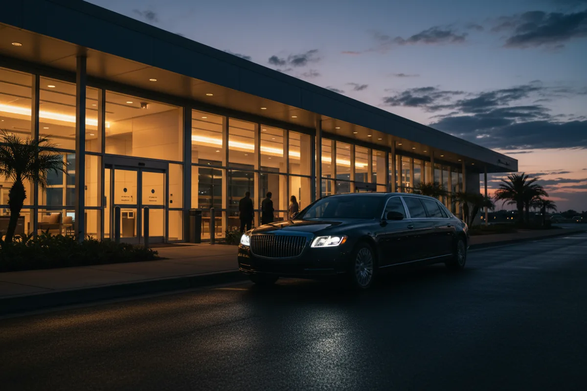 A luxury car arriving at a private airport terminal at twilight.