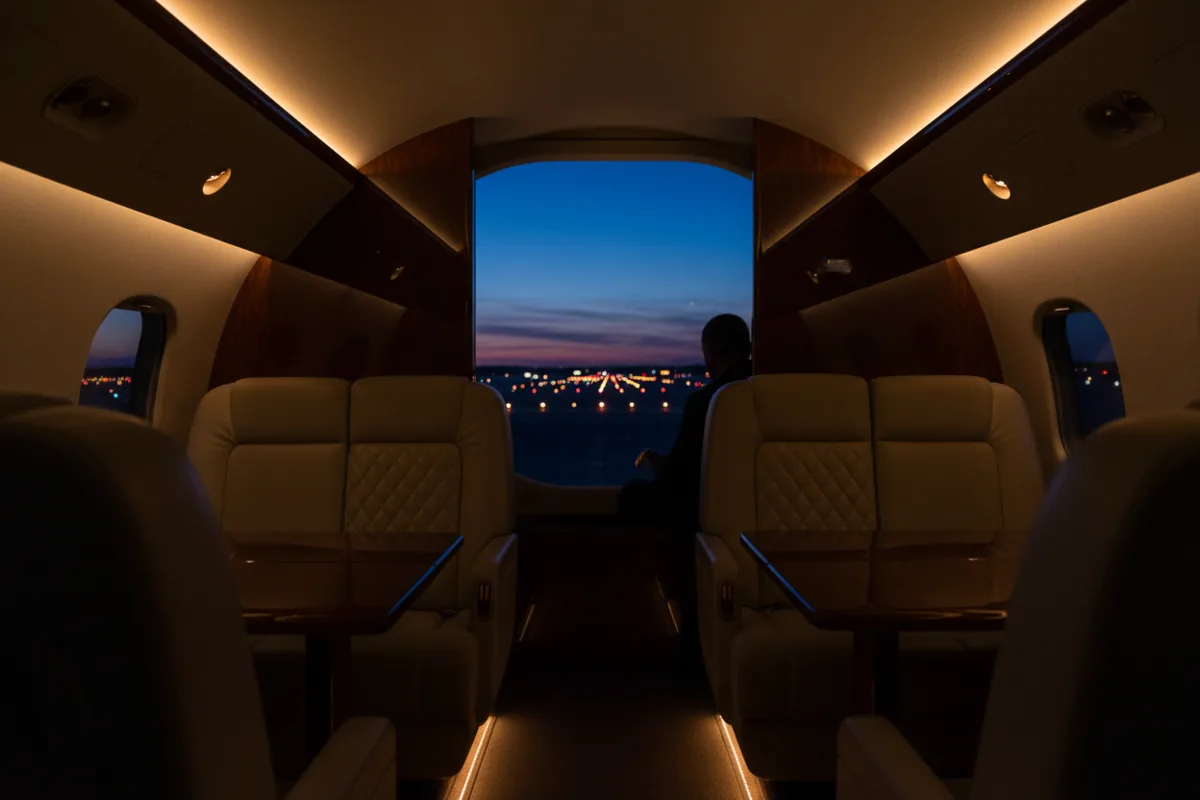 The interior of a private jet cabin with plush seats, looking out the window at an airport at dusk.