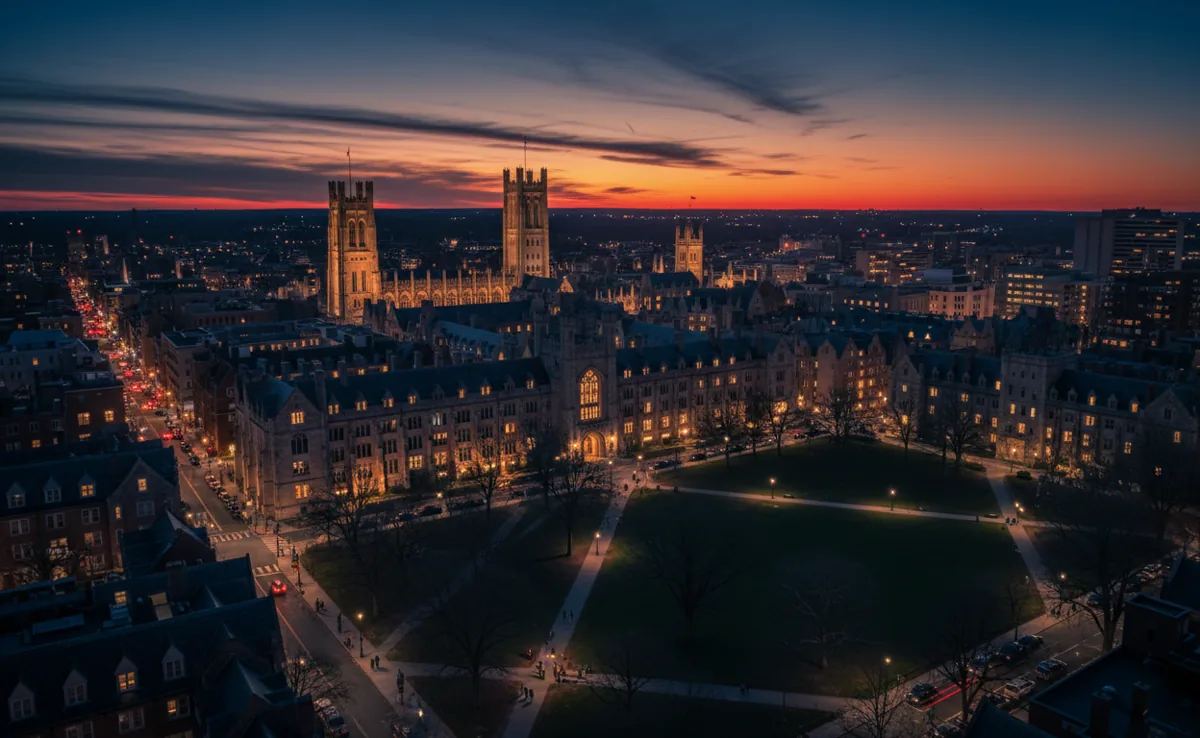 An evening view over New Haven, Connecticut, with historic buildings and city lights.