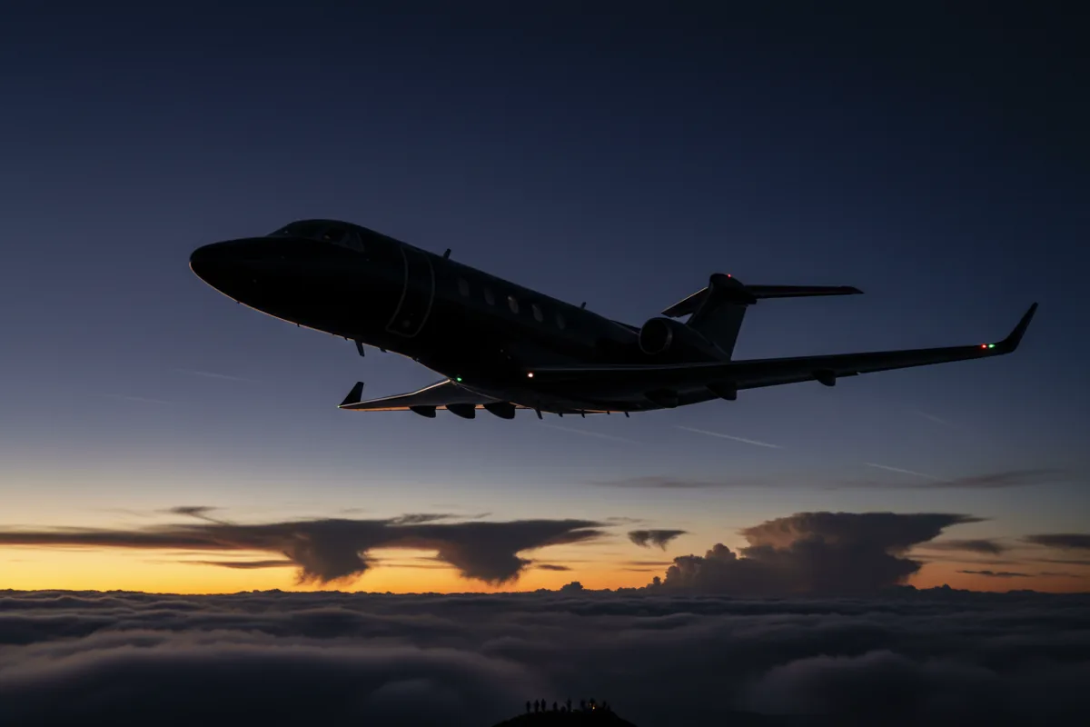 A private jet in flight against a dark blue sky at twilight.