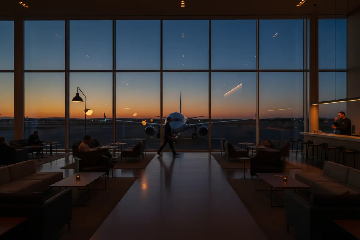 An airplane on the tarmac at dusk, viewed from inside a modern airport terminal.