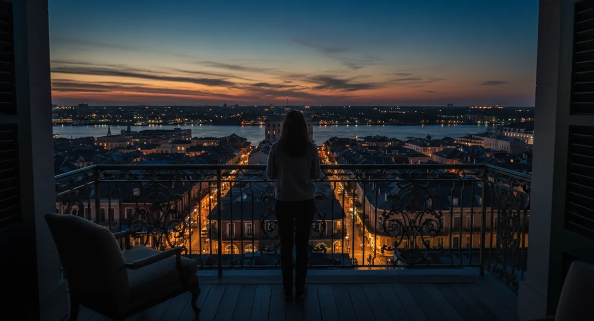 A silhouette of a person on a balcony overlooking New Orleans at dusk.