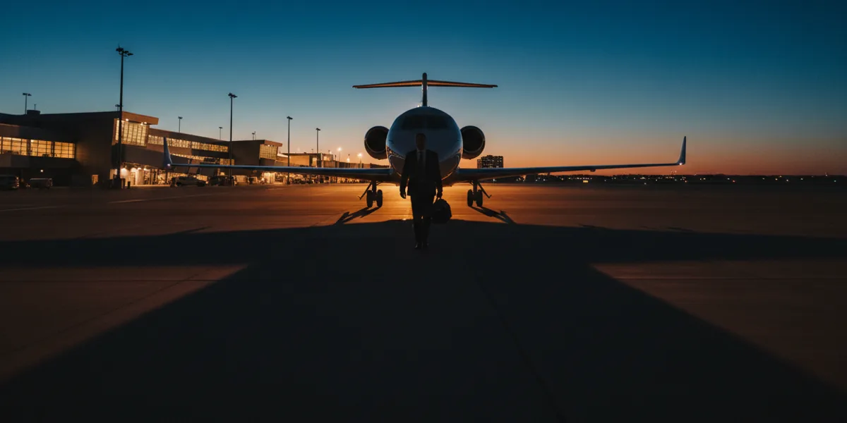 A person walks across a tarmac toward a private jet at dusk.