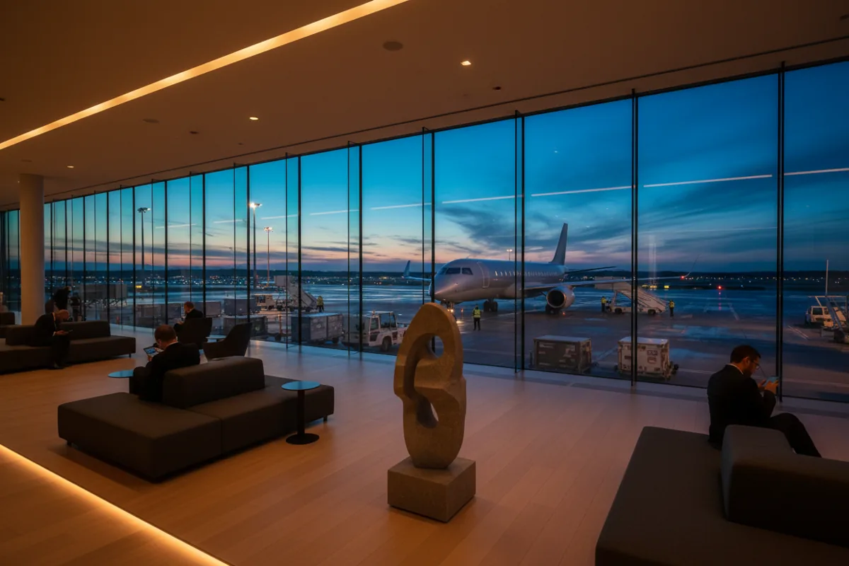 A modern jet on an airport tarmac at blue hour, viewed from inside a lounge.
