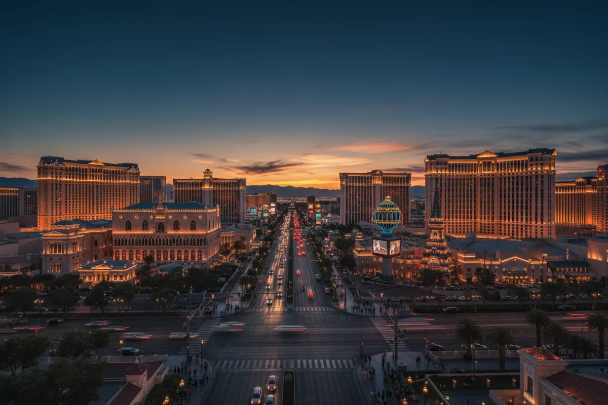 The Las Vegas Strip illuminated with glowing lights at dusk.