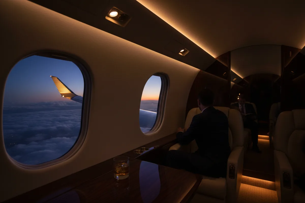 View from a private jet window at night, showing the wing over a layer of clouds.