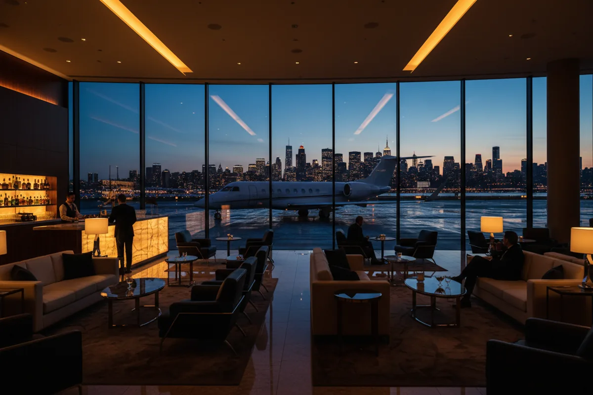 A modern airport lounge with a view of a private jet on the tarmac and a city skyline at dusk.