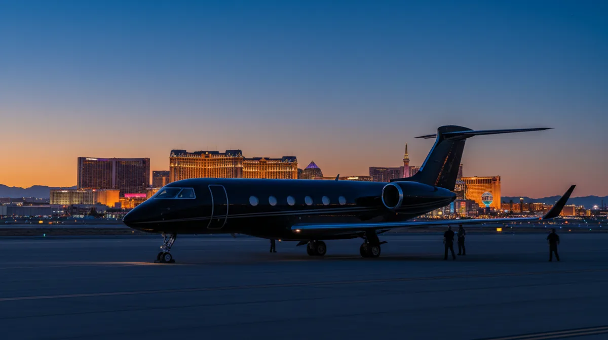 A private jet on an airport tarmac at dusk, with the glowing Las Vegas Strip in the background.