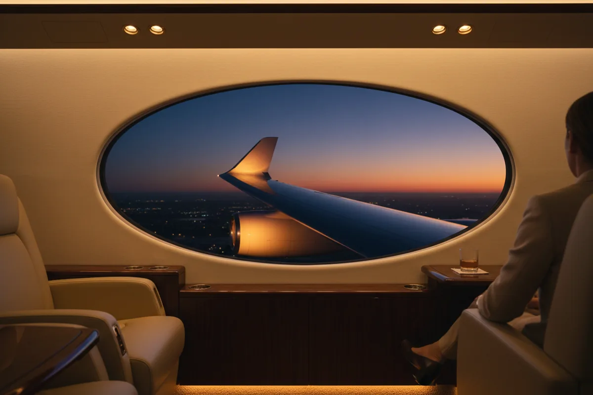 The interior of a luxurious private jet cabin at twilight, looking out the window at the wing and sky.