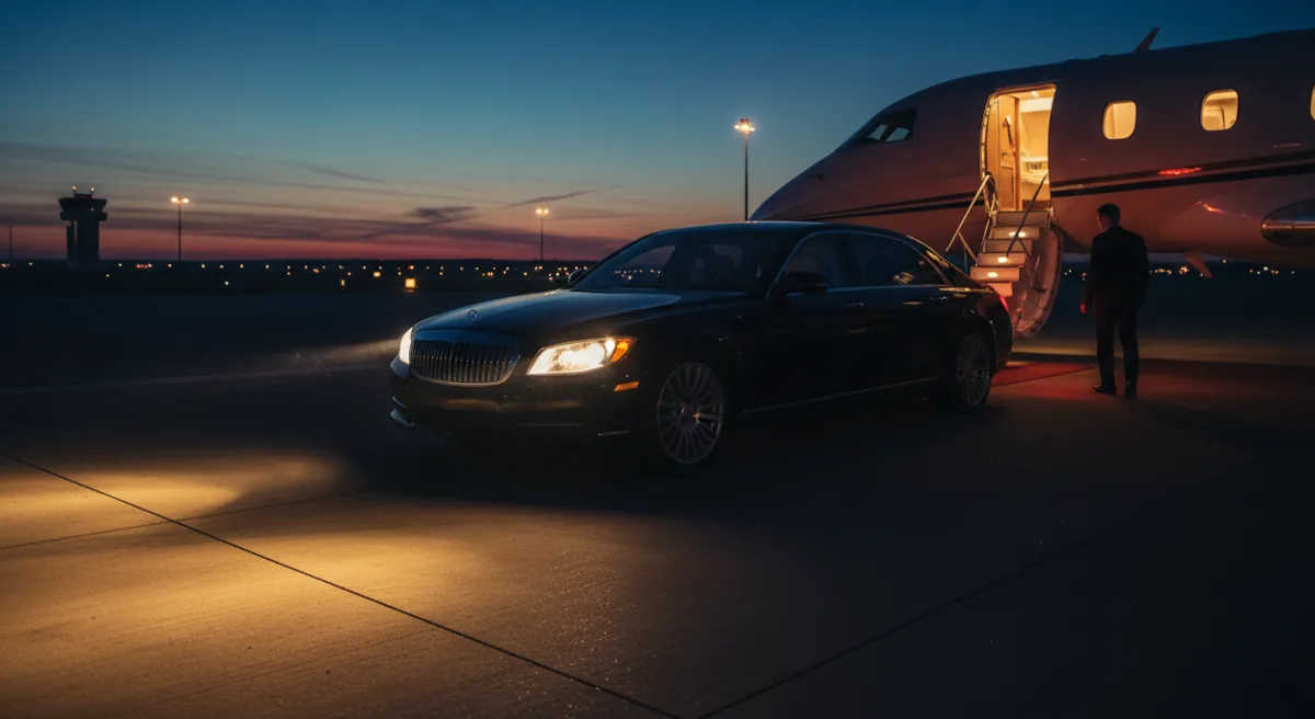 A luxury sedan waits on the tarmac next to a private jet at dusk.