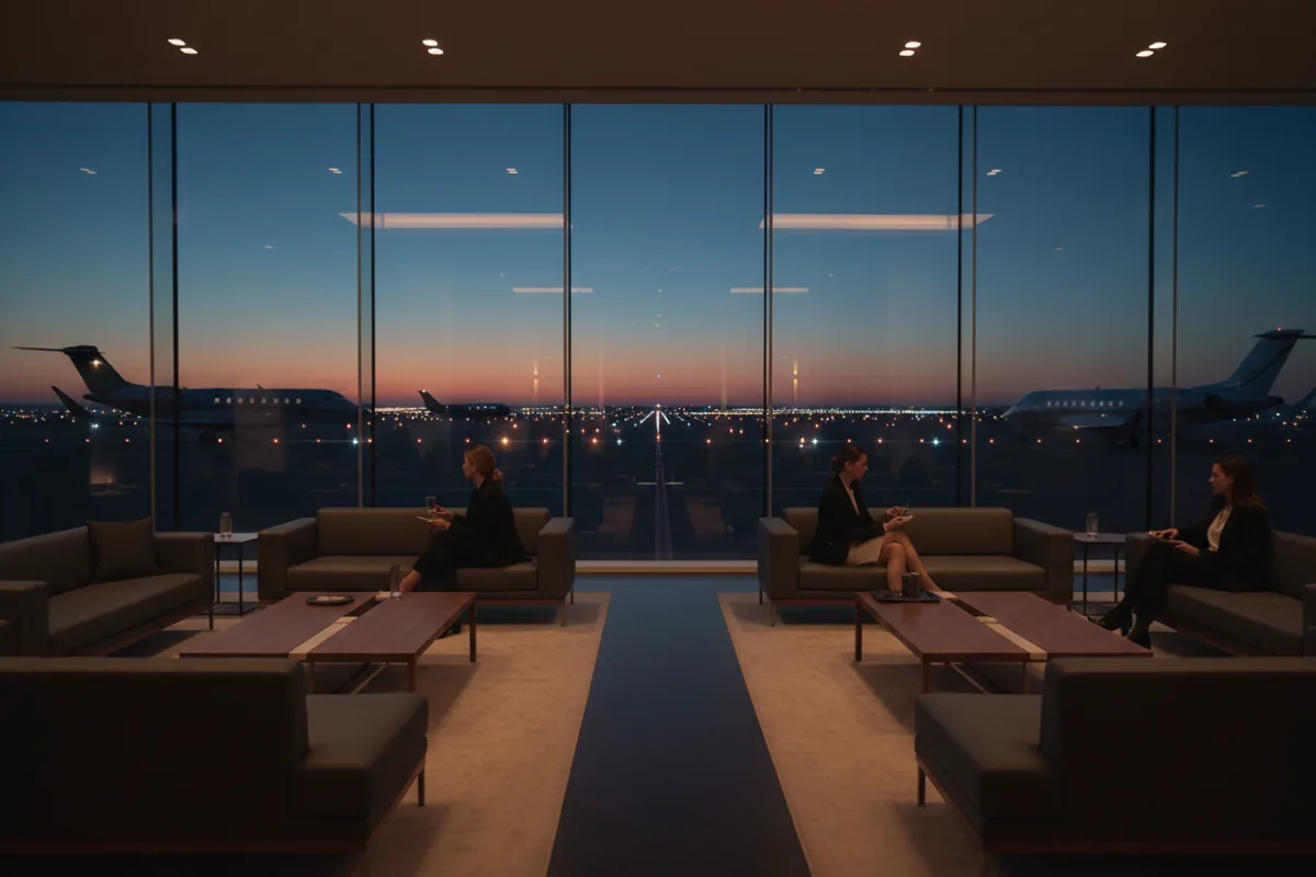 A modern, empty airport lounge with floor-to-ceiling windows overlooking an airfield at dusk.