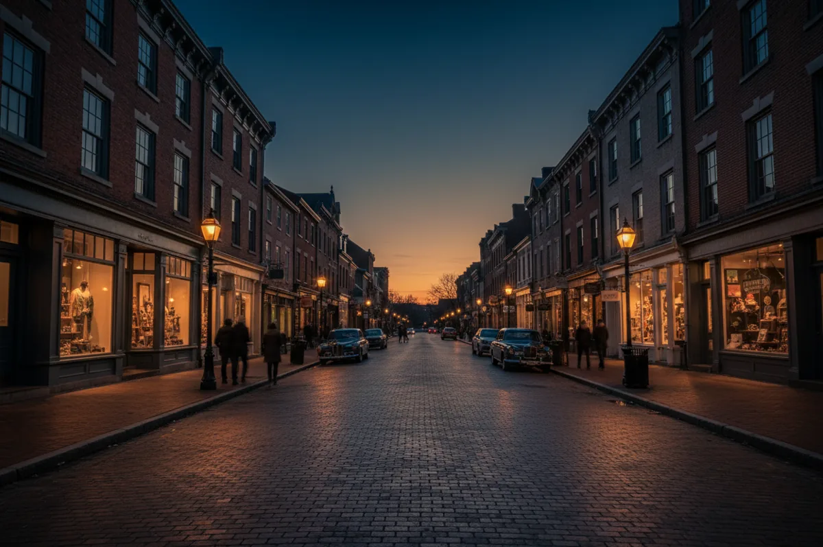 A charming main street in a small town at dusk, with warm light glowing from shop windows and street lamps.