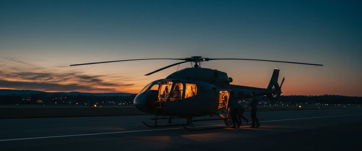 A private helicopter on an airfield at twilight, its interior lights glowing against a dark blue sky.