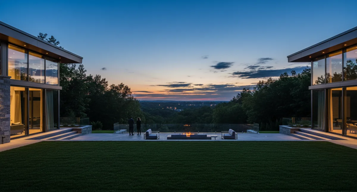 The patio and glowing windows of a modern luxury home overlooking a wooded valley at dusk.