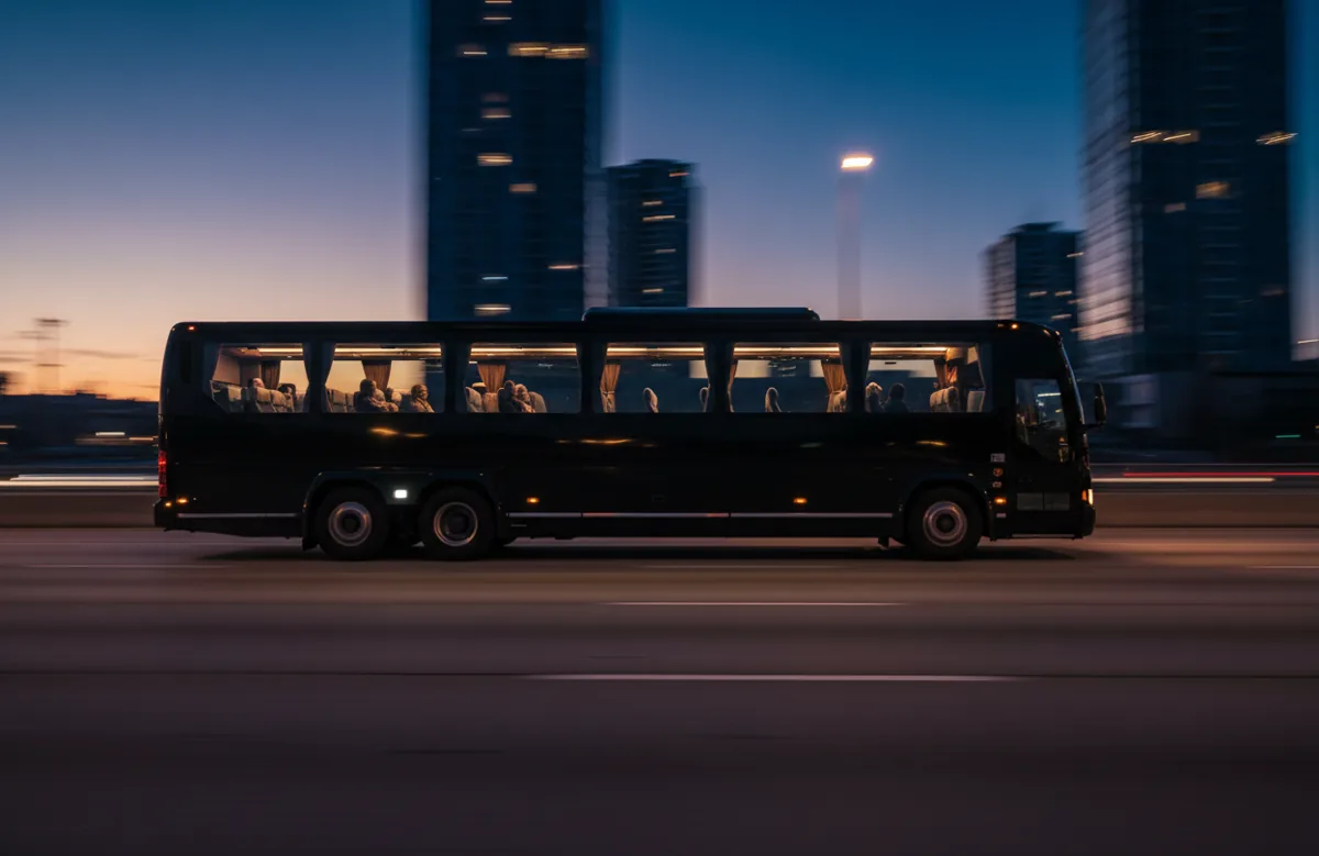 A sleek, modern bus traveling on a highway at twilight, its warm interior lights glowing.