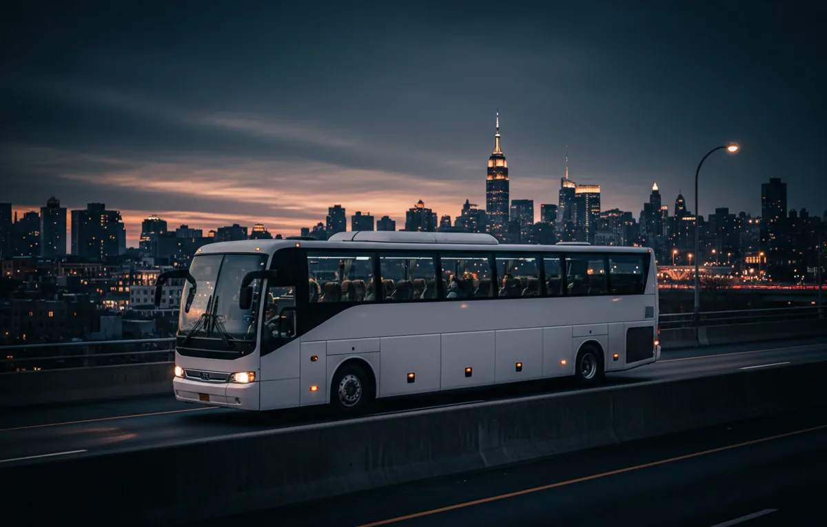 A plain white coach bus on a highway toward Manhattan with the Empire State Building in the distance.