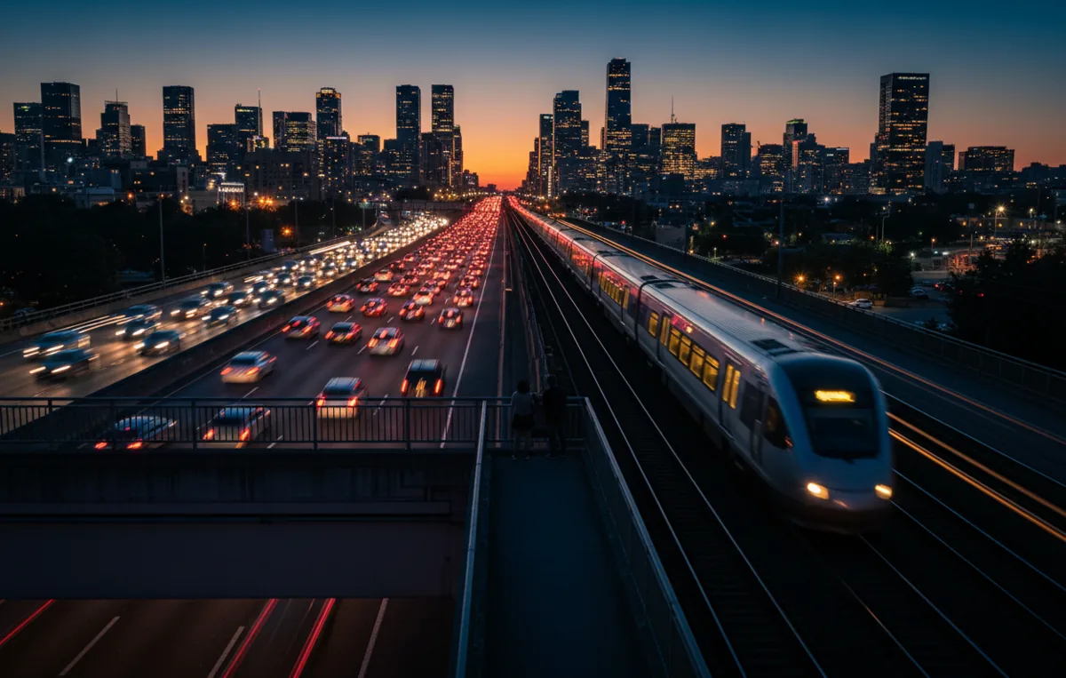 A highway with car taillights in traffic next to a passenger train at dusk, viewed from an overpass.